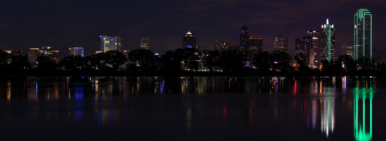 Dallas skyline at night over the Trinity River