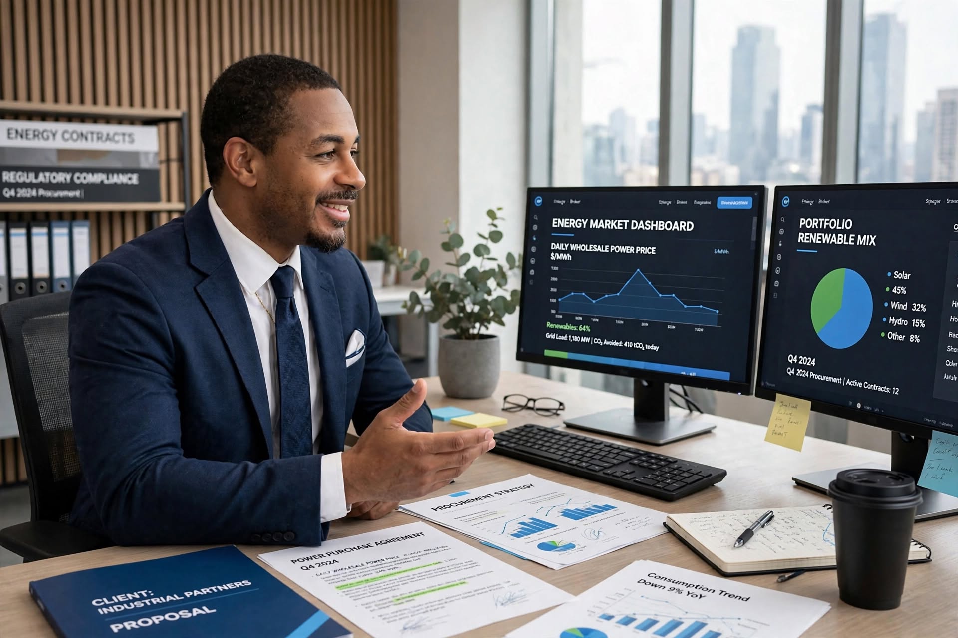 Energy consultation with business electricity charts and contract documents